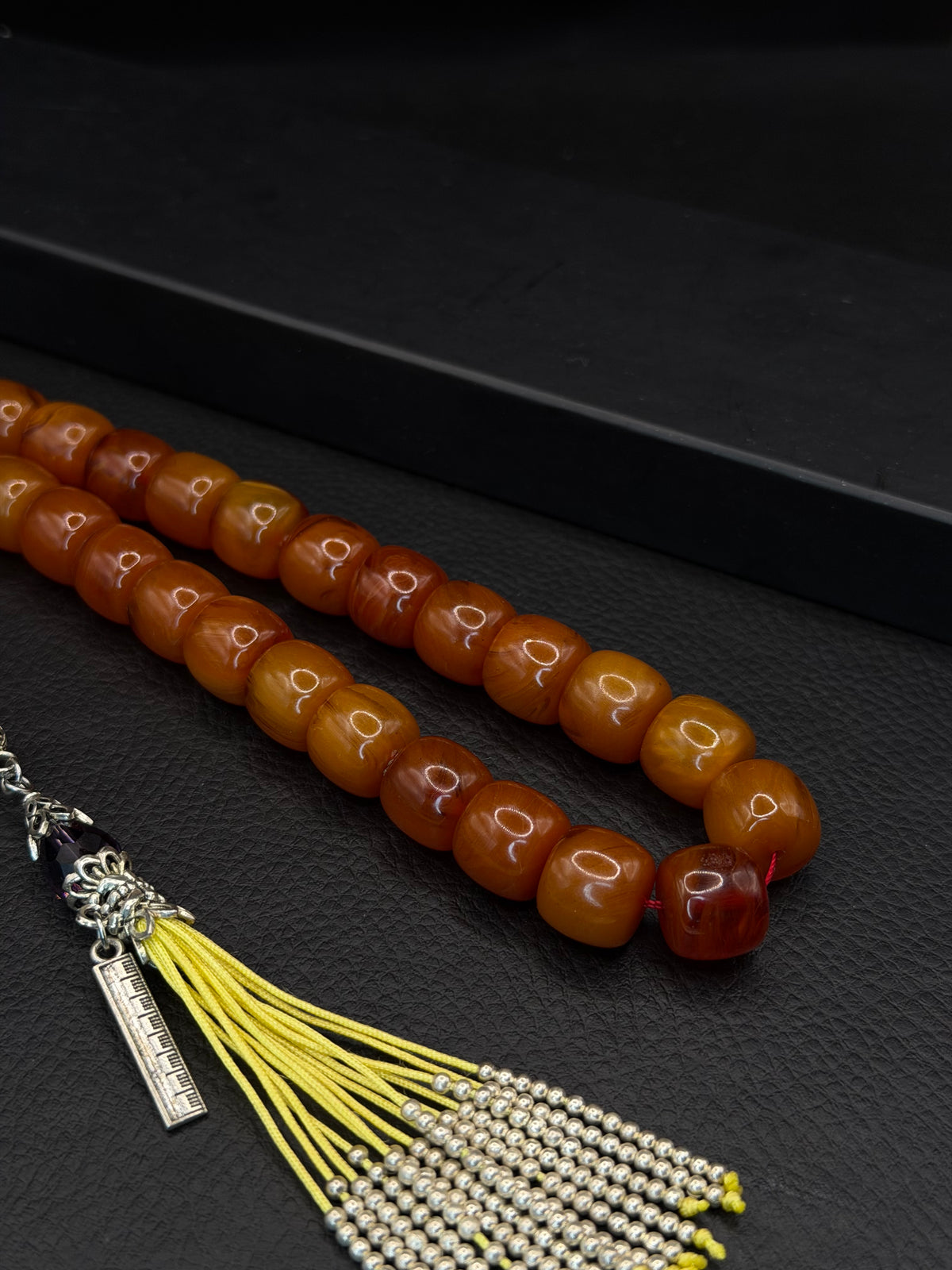 Ottoman Style Yellow Compressed Amber Tesbih – Barrel Cut – Custom Alloy Tassel