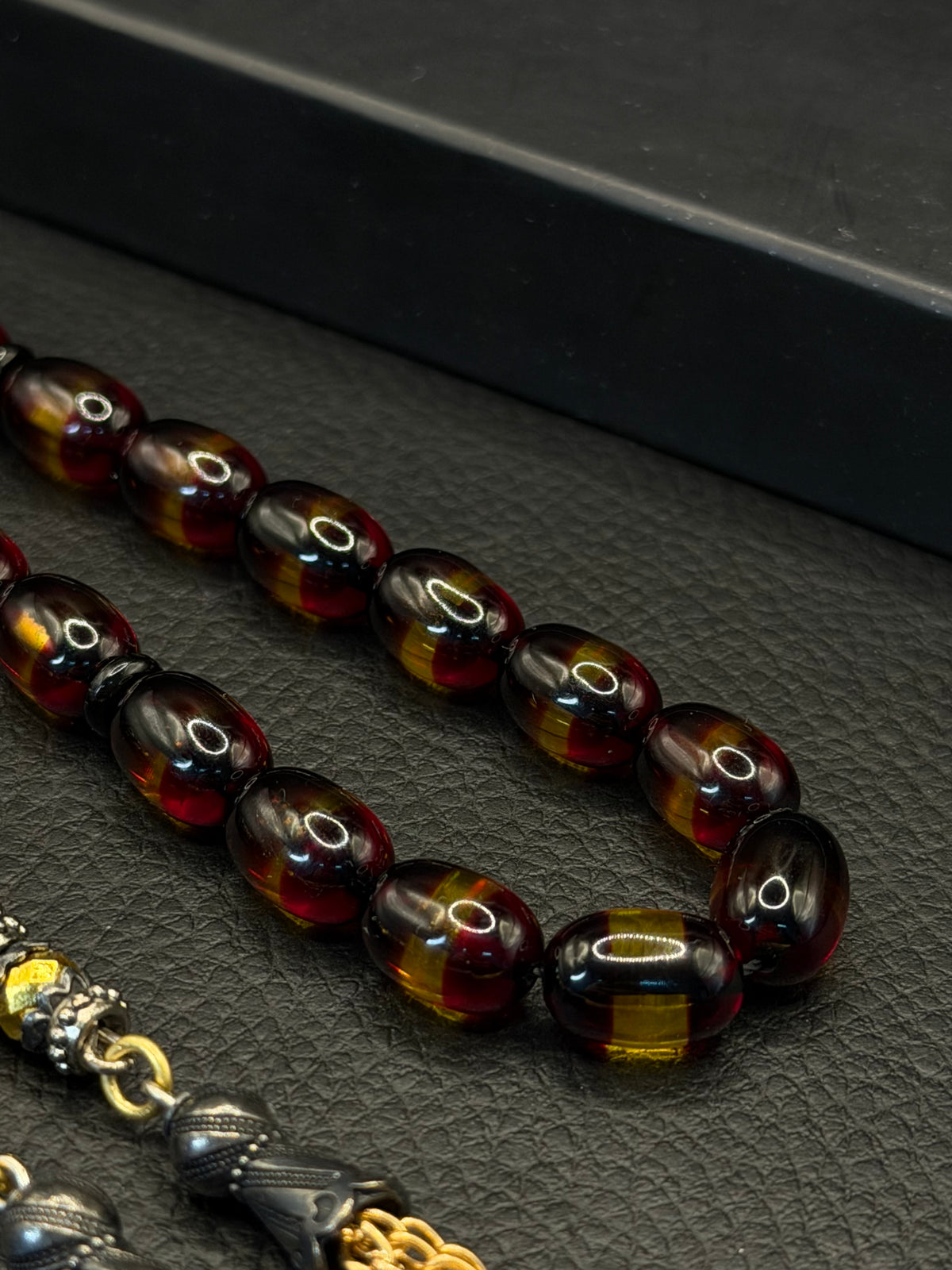 Yellow & Black Fire Amber Capsule Cut Tesbih – Custom Alloy Tassel
