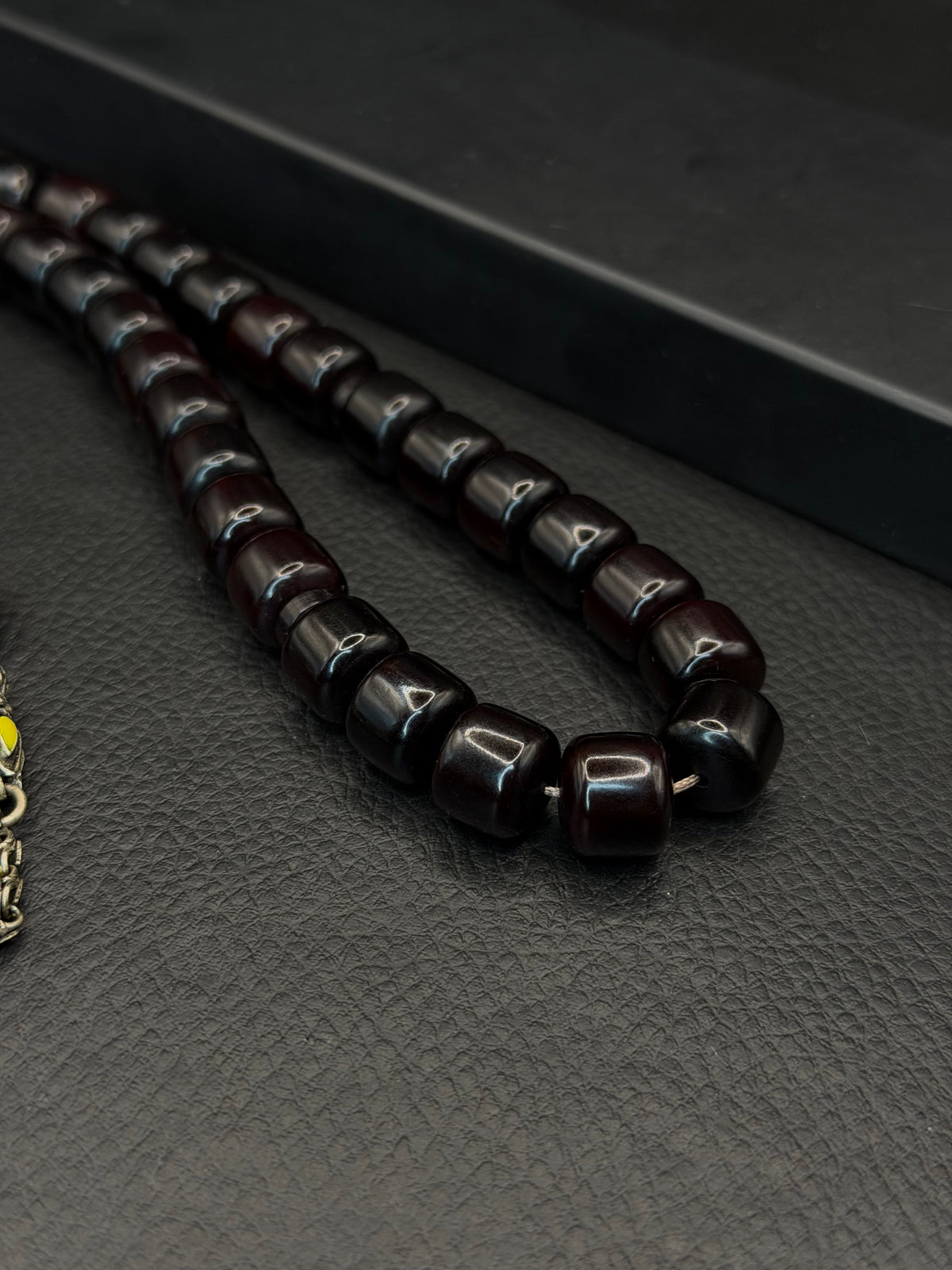Old Dark Sour Cherry Ottoman Style Compressed Amber – Alloy Tassel – Barrel Cut