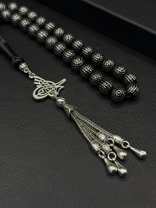 Black Kuka Silver Inserted Round Cut Tesbih – Alloy Tassel