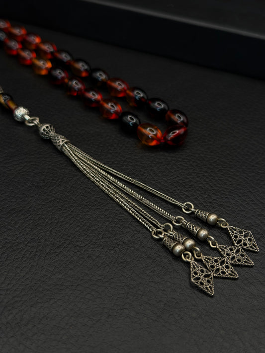 Fire Amber Tesbih – Barley Cut – Full 925 Sterling Silver Tassel