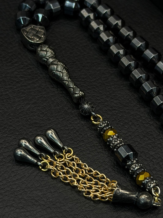 Grey-Coloured Natural Hematite Stone Edged Round Cut Tesbih – Alloy Tassel