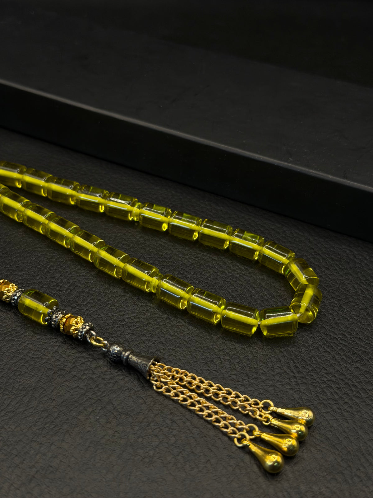 Yellow Fire Amber Edged Capsule Cut Tesbih – Alloy Tassel