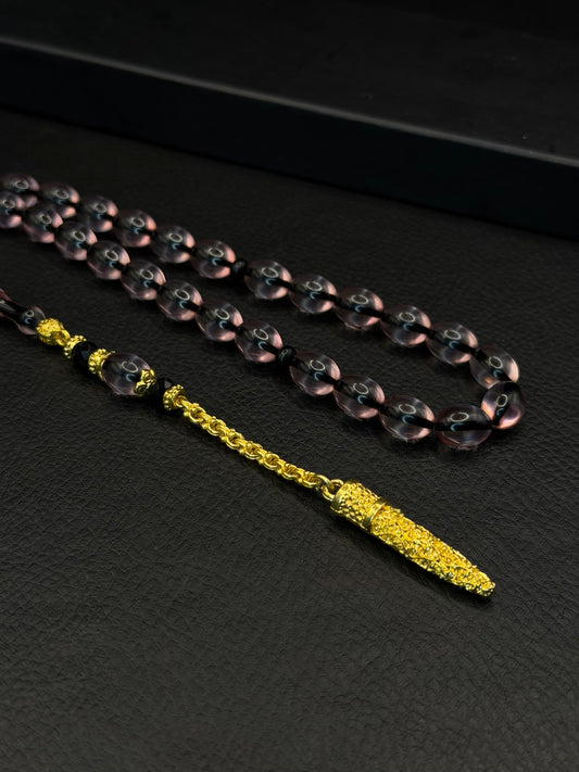 Clear Fire Amber Tesbih – Oval Cut – Gold-Coloured Alloy Tassel