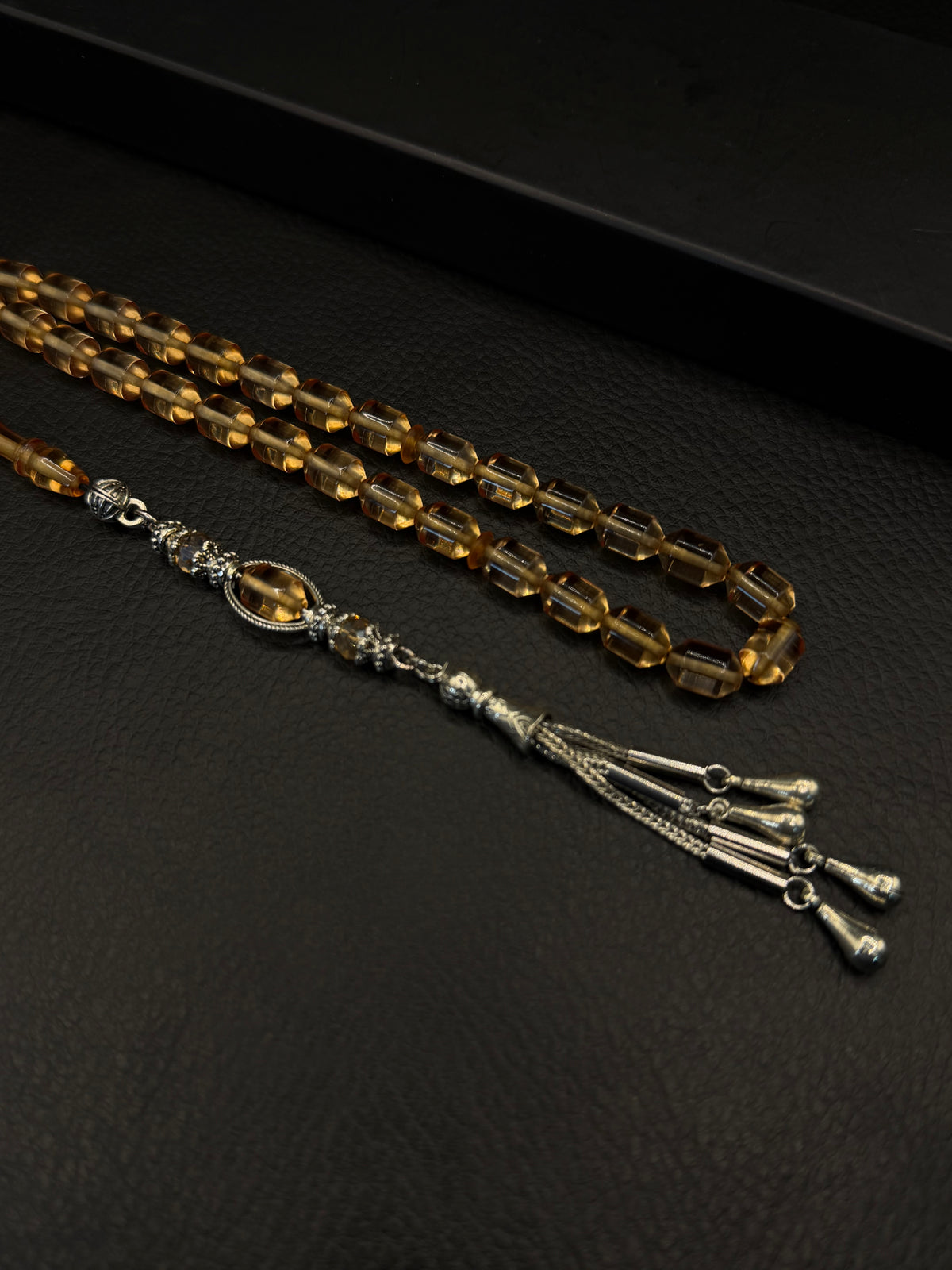 Clear Fire Amber Tesbih – Alloy Tassel – Edged Capsule Cut