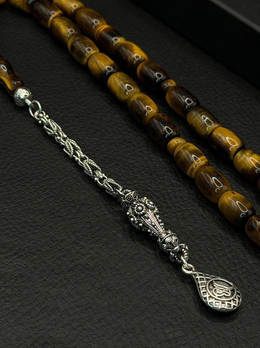 Tiger Eye Natural Stone Capsule Cut Tesbih – Alloy Tassel