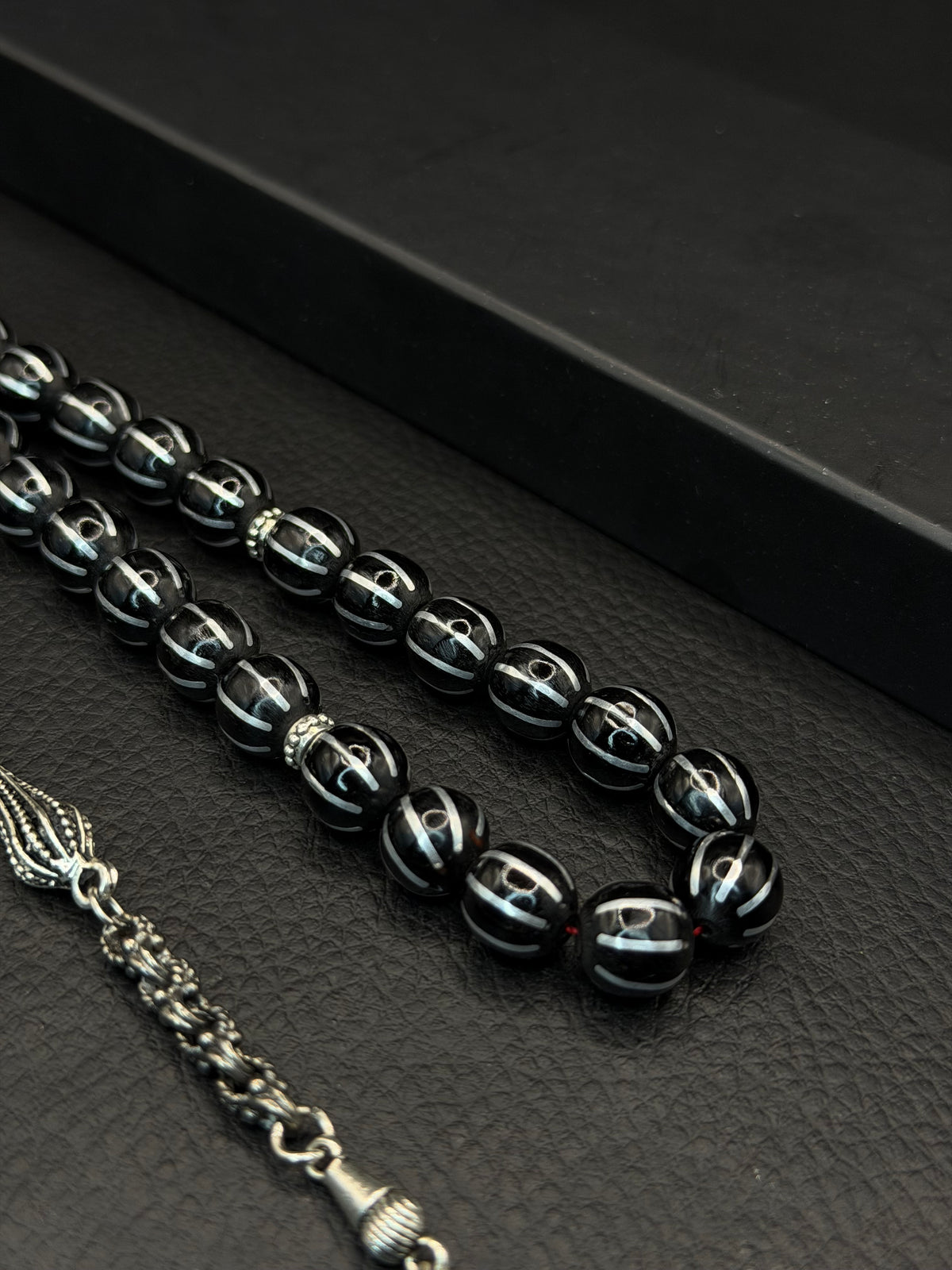 Russian Black Stone Alloy Inserted Round Cut Tesbih – Custom Imame & Alloy Tassel
