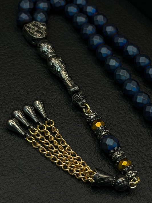Matte Blue-Coloured Natural Hematite Faceted Round Cut Tesbih – Alloy Tassel