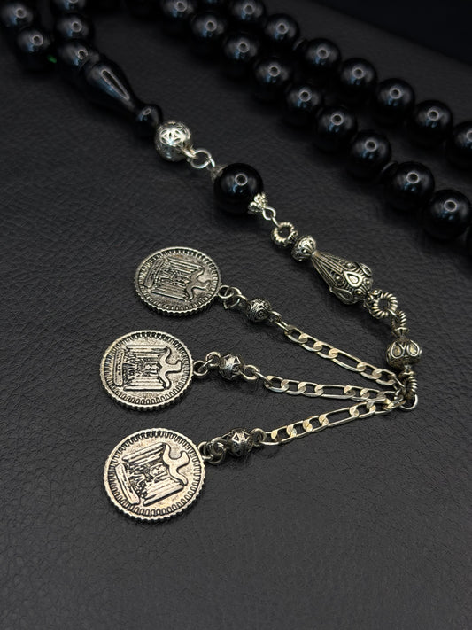 Black Compressed Amber – Alloy Tassel – Round Cut