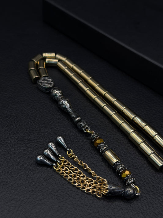 Gold-Coloured Natural Hematite Stone Cylinder Cut Tesbih – Alloy Tassel