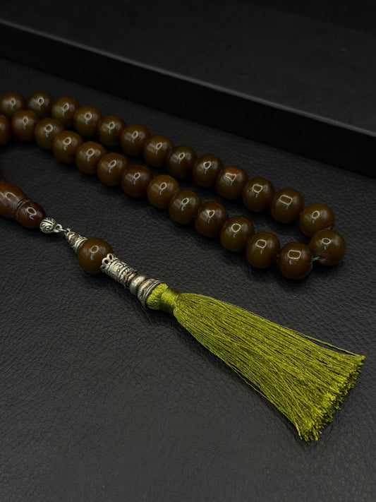 Green Ottoman Style Compressed Amber Tesbih – Round Cut – Alloy Tassel – Medium Size