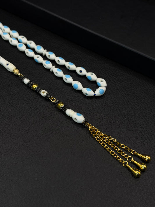 Camel Bone Tesbih – Light Blue Inserted Alloy Tassel | Hollow Design
