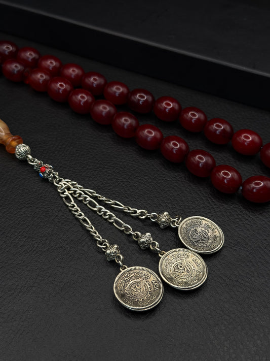 Ottoman Style Compressed Amber Tesbih – Oval Cut – Alloy Tassel