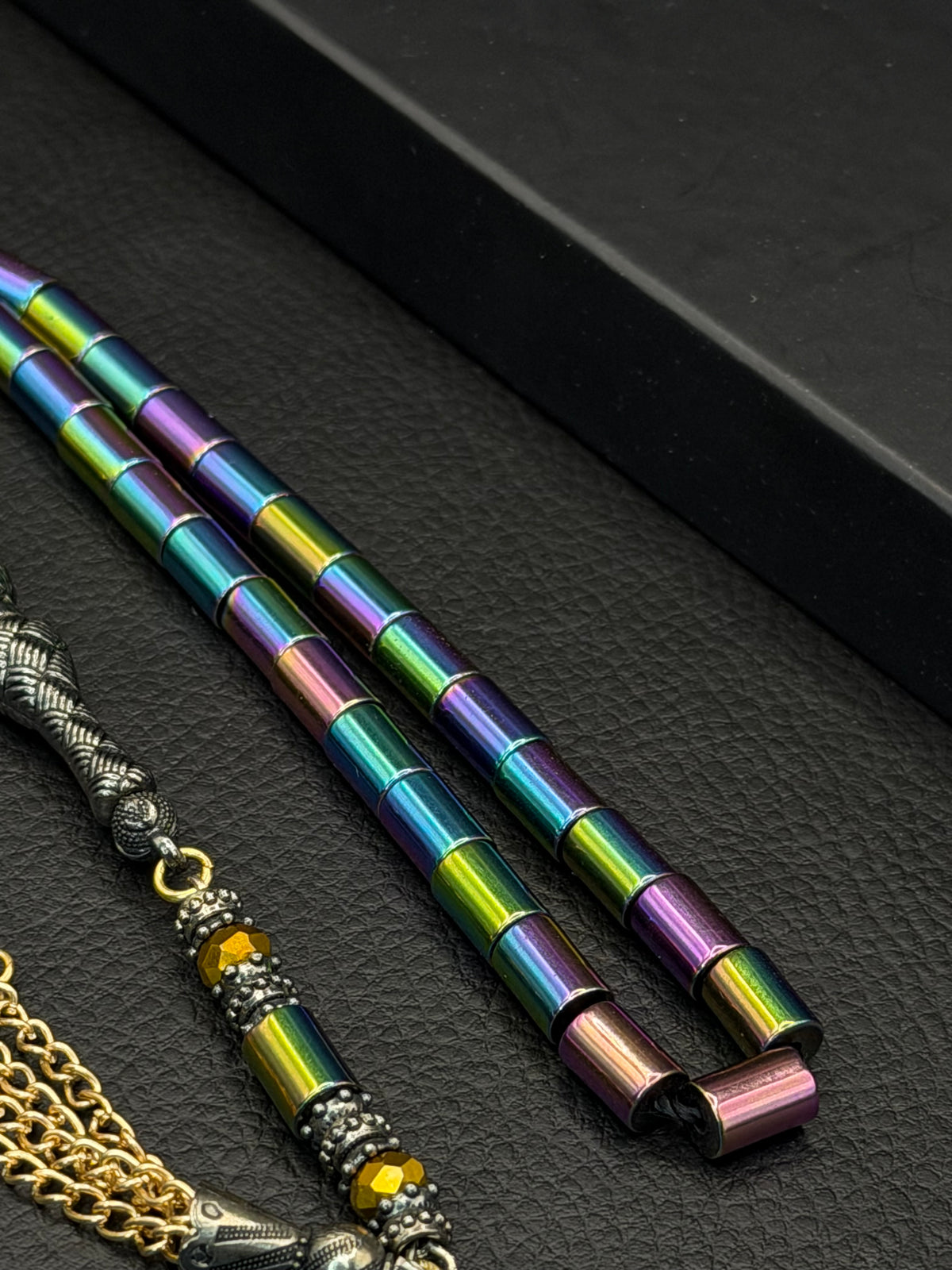 Rainbow-Coloured Natural Hematite Stone Cylinder Cut Tesbih – Alloy Tassel