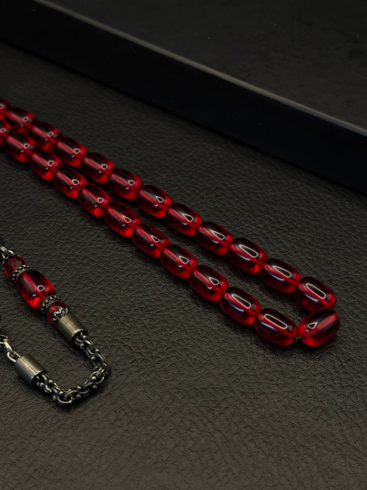 Red Fire Amber Tesbih – Capsule Cut – Alloy Kazzaz Tassel