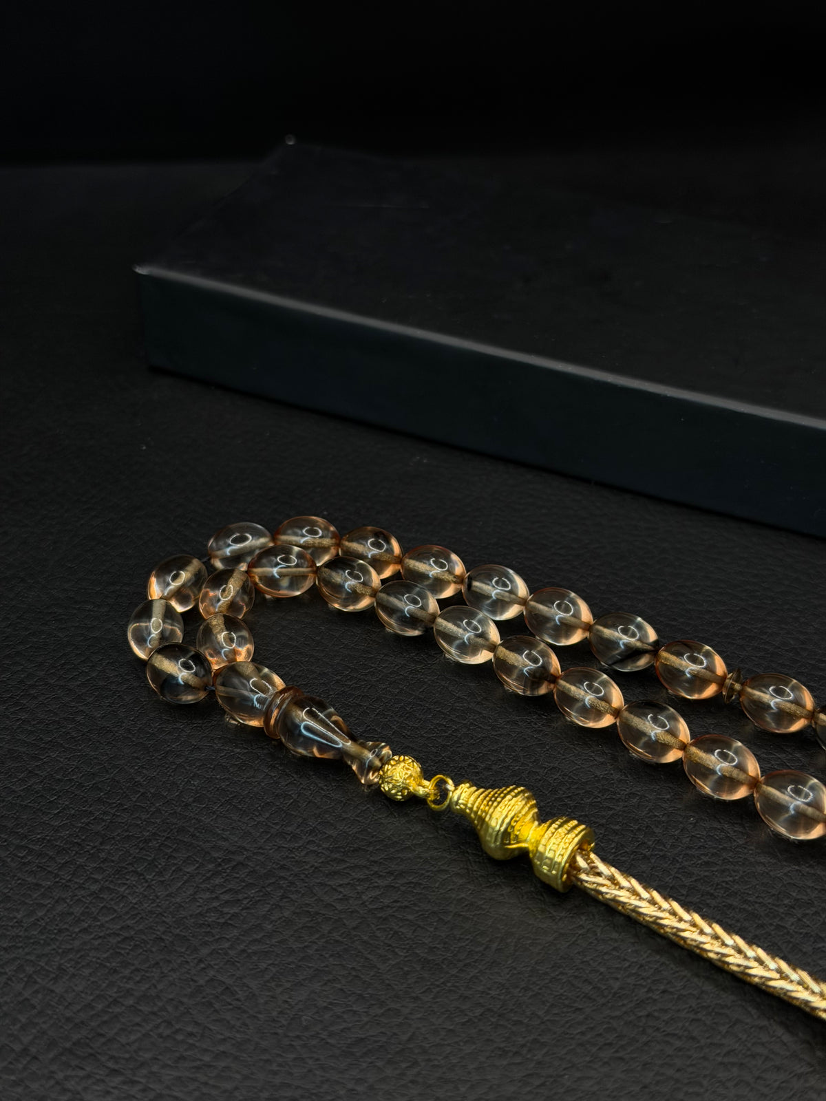 Clear Fire Amber Tesbih – Oval Cut – Gold-Coloured Alloy Tassel