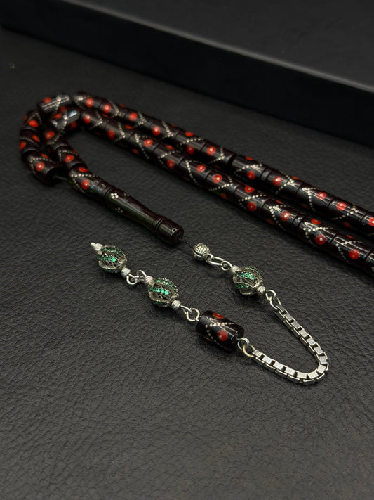 Green Fire Amber Silver & Mine Inserted Cylinder Cut Tesbih – Alloy Tassel