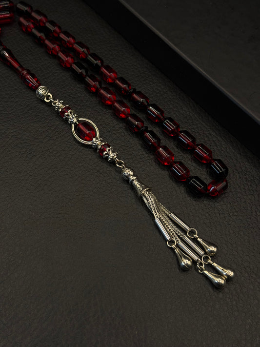 Red & Black Fire Amber Tesbih – Alloy Tassel – Edged Capsule Cut
