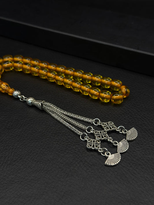 Omari Ottoman Style Yellow Fire Amber Tesbih – Capsule Cut – Alloy Tassel – Double Imame
