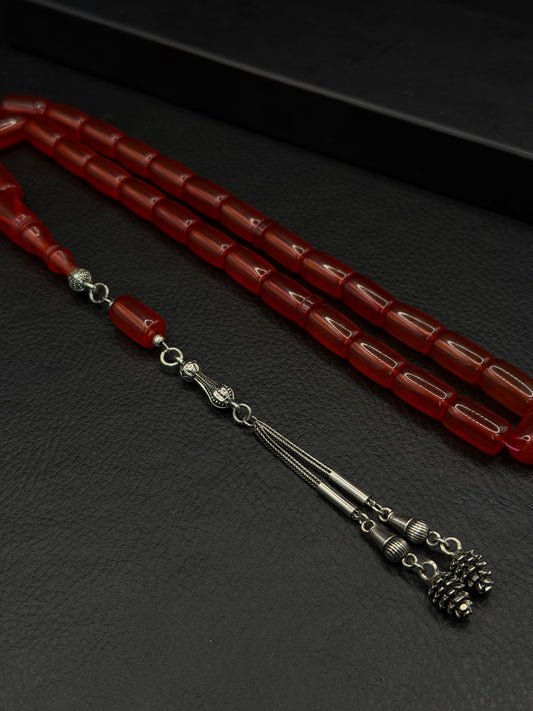 Fire Amber Tesbih – Capsule Cut – Alloy Tassel – Medium Size