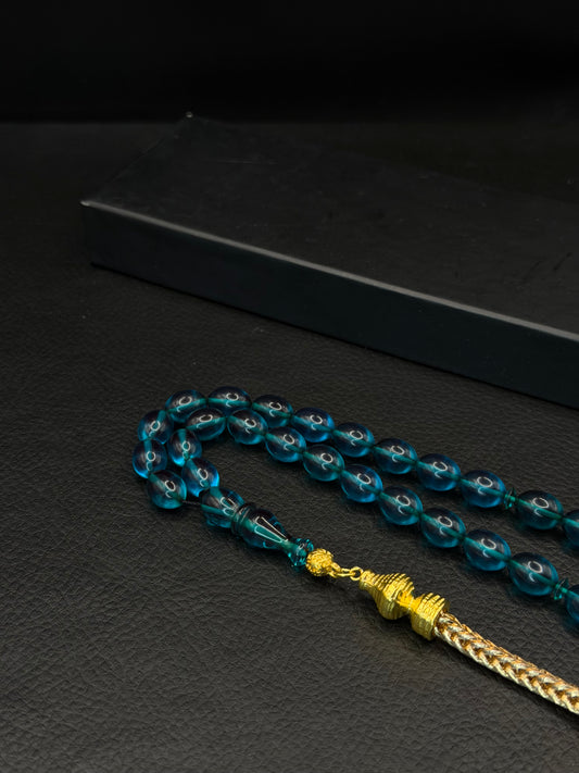 Blue Fire Amber Tesbih – Oval Cut – Gold-Coloured Alloy Tassel