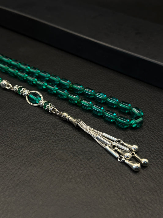Green Fire Amber Tesbih – Alloy Tassel – Edged Capsule Cut