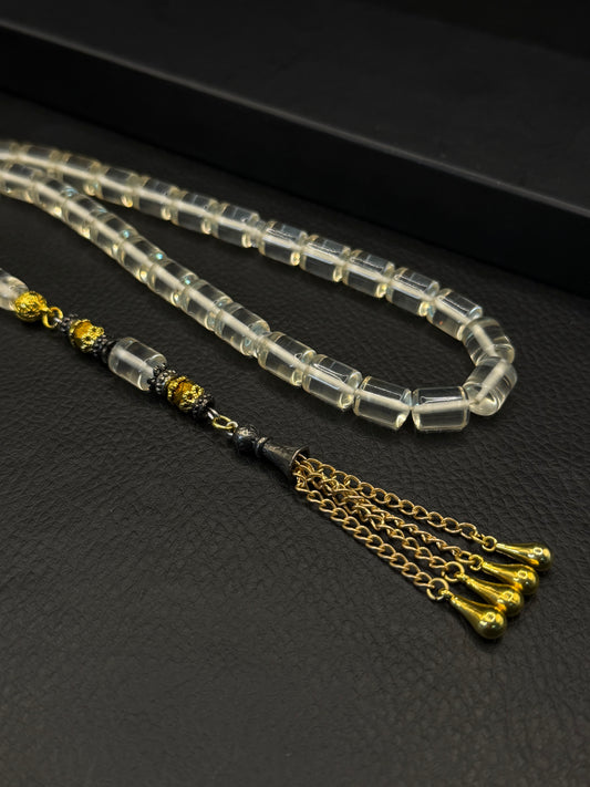 Clear Fire Amber Edged Capsule Cut Tesbih – Alloy Tassel