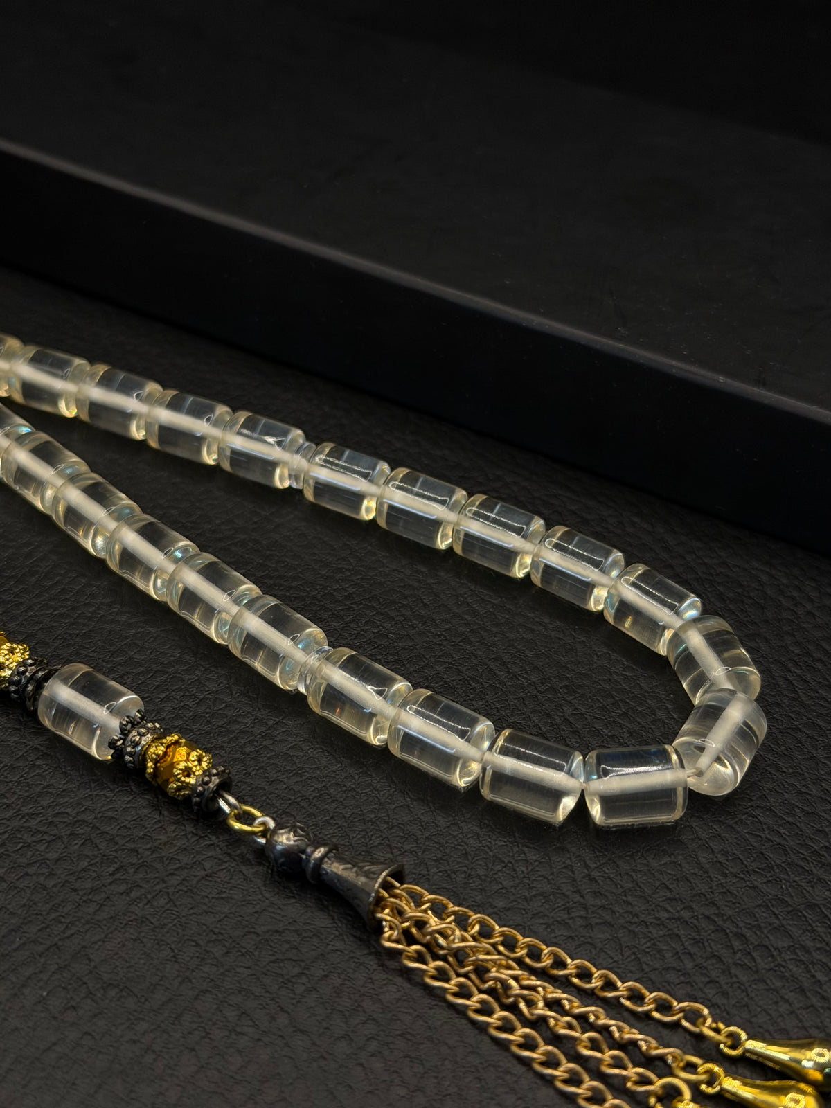 Clear Fire Amber Edged Capsule Cut Tesbih – Alloy Tassel