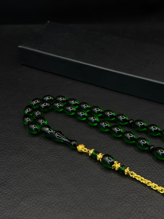 Green Fire Amber Tesbih – Oval Cut – Gold-Coloured Alloy Tassel