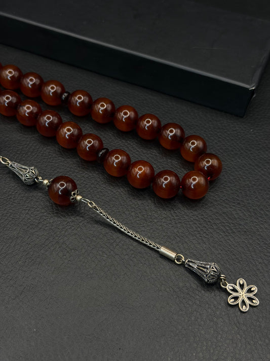 Ottoman Style Dark Orange Fire Amber Tesbih – Medium Size – 925 Sterling Silver Tassel