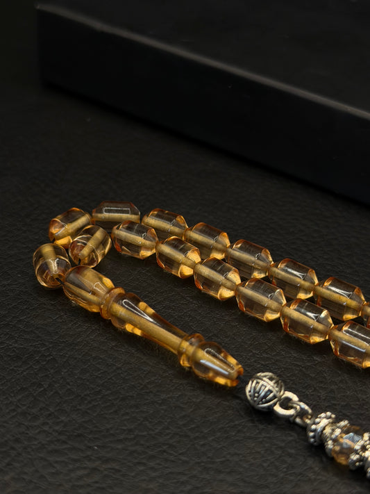 Clear Fire Amber Tesbih – Alloy Tassel – Edged Capsule Cut