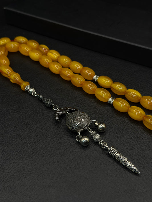 Ottoman Style Shaved Compressed Amber Tesbih – Oval Cut – Alloy Tassel – Medium Size