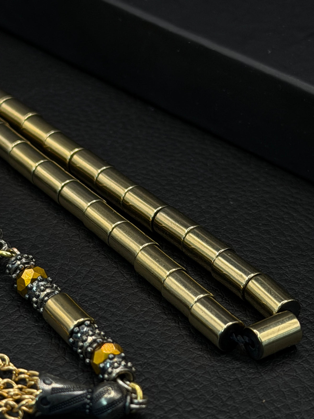 Gold-Coloured Natural Hematite Stone Cylinder Cut Tesbih – Alloy Tassel