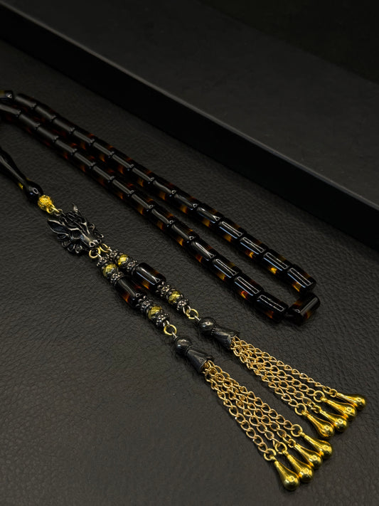 Yellow & Black Fire Amber Capsule Cut Tesbih – Custom Alloy Tassel