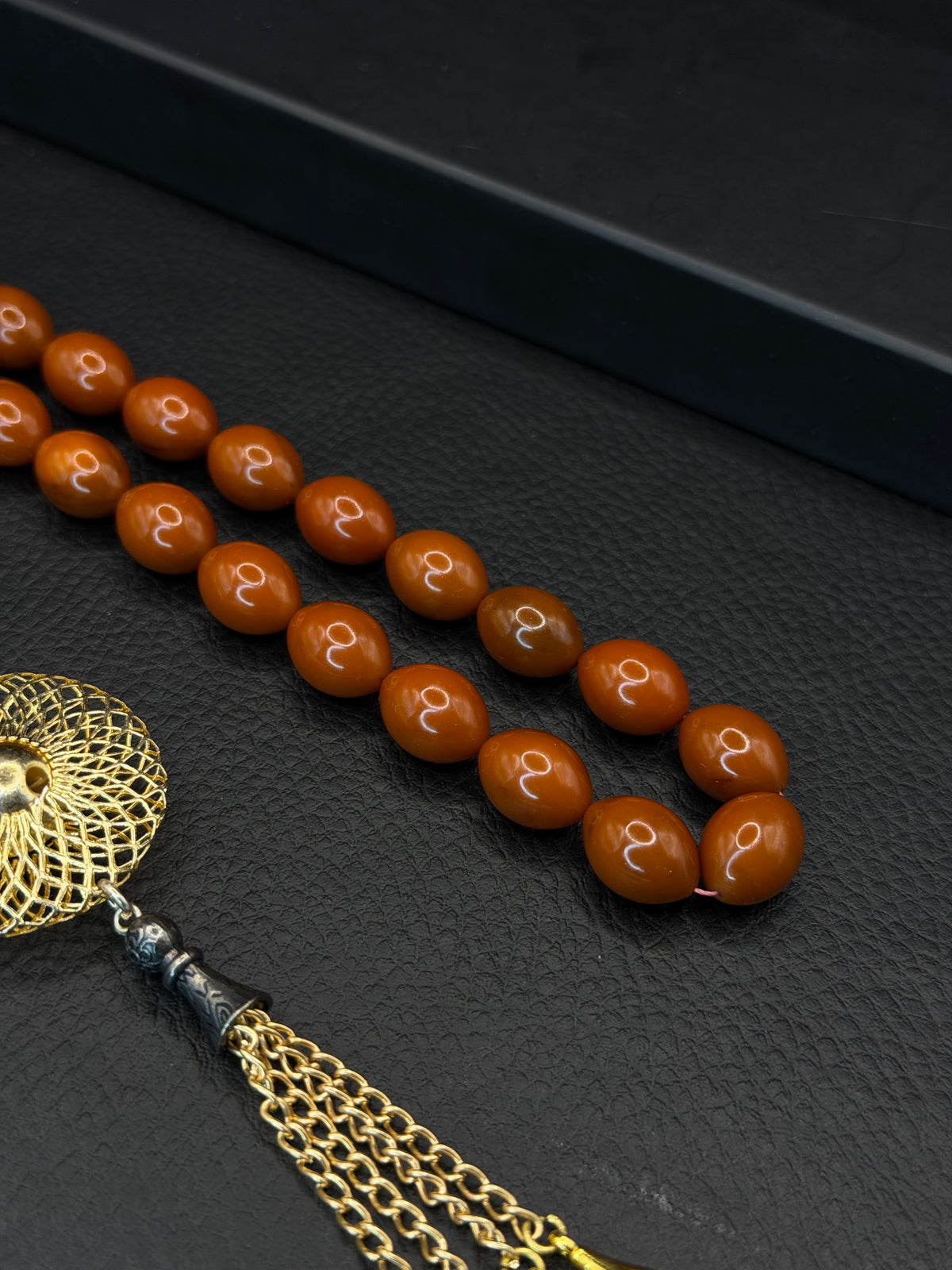 Ottoman Style Orange Compressed Amber Tesbih – Barley Cut – Custom Alloy Tassel