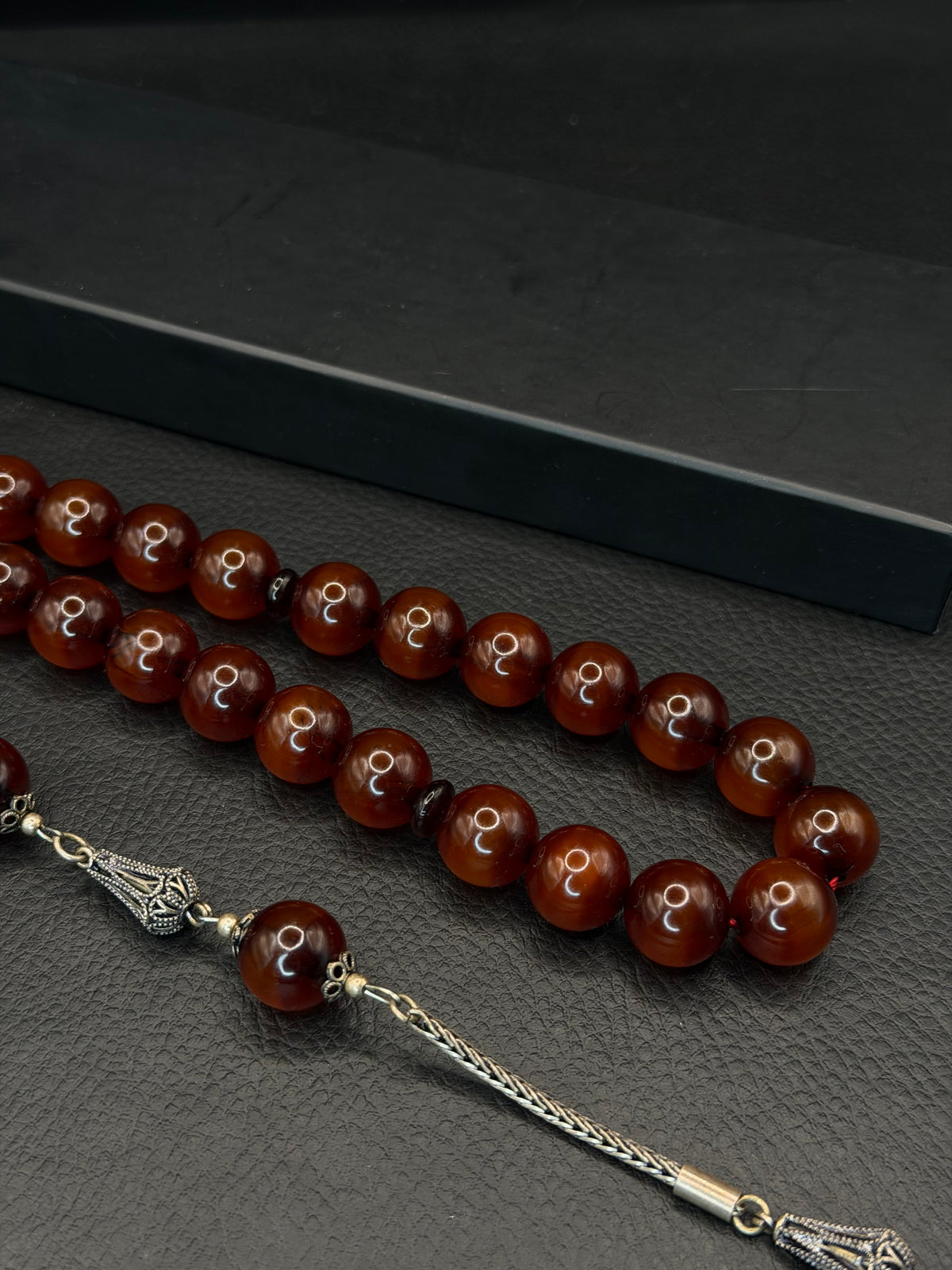 Ottoman Style Dark Orange Fire Amber Tesbih – Medium Size – 925 Sterling Silver Tassel