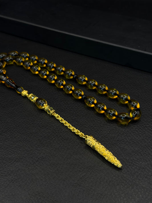 Yellow Fire Amber Tesbih – Oval Cut – Gold-Coloured Alloy Tassel