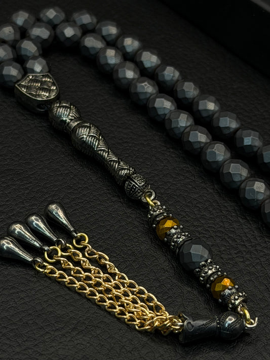 Matte Grey-Coloured Natural Hematite Stone Faceted Round Cut Tesbih – Alloy Tassel