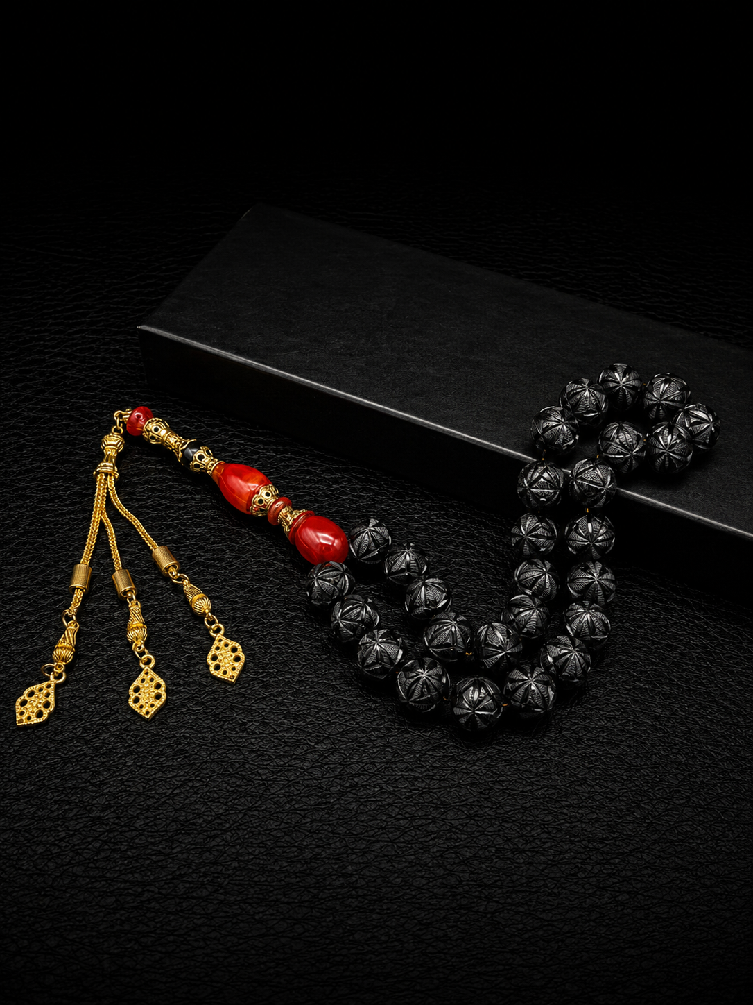 English Blackstone Jet Black Full Nakkaş Tesbih – Custom Alloy İmame & Tassel