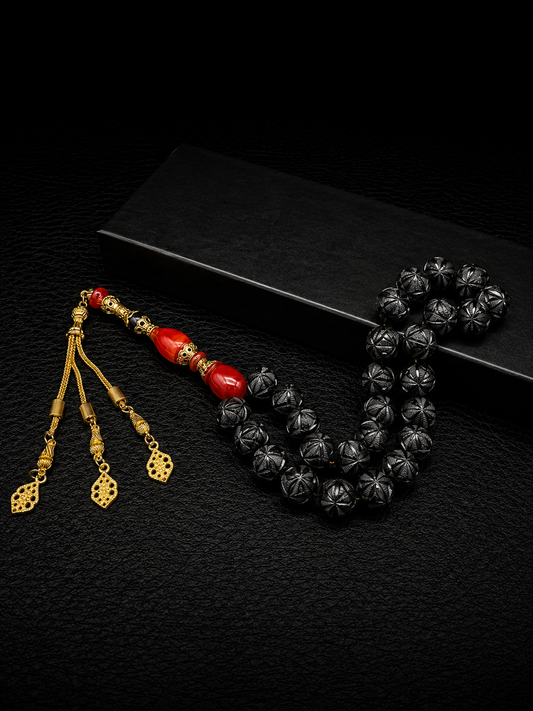 English Blackstone Jet Black Full Nakkaş Tesbih – Custom Alloy İmame & Tassel
