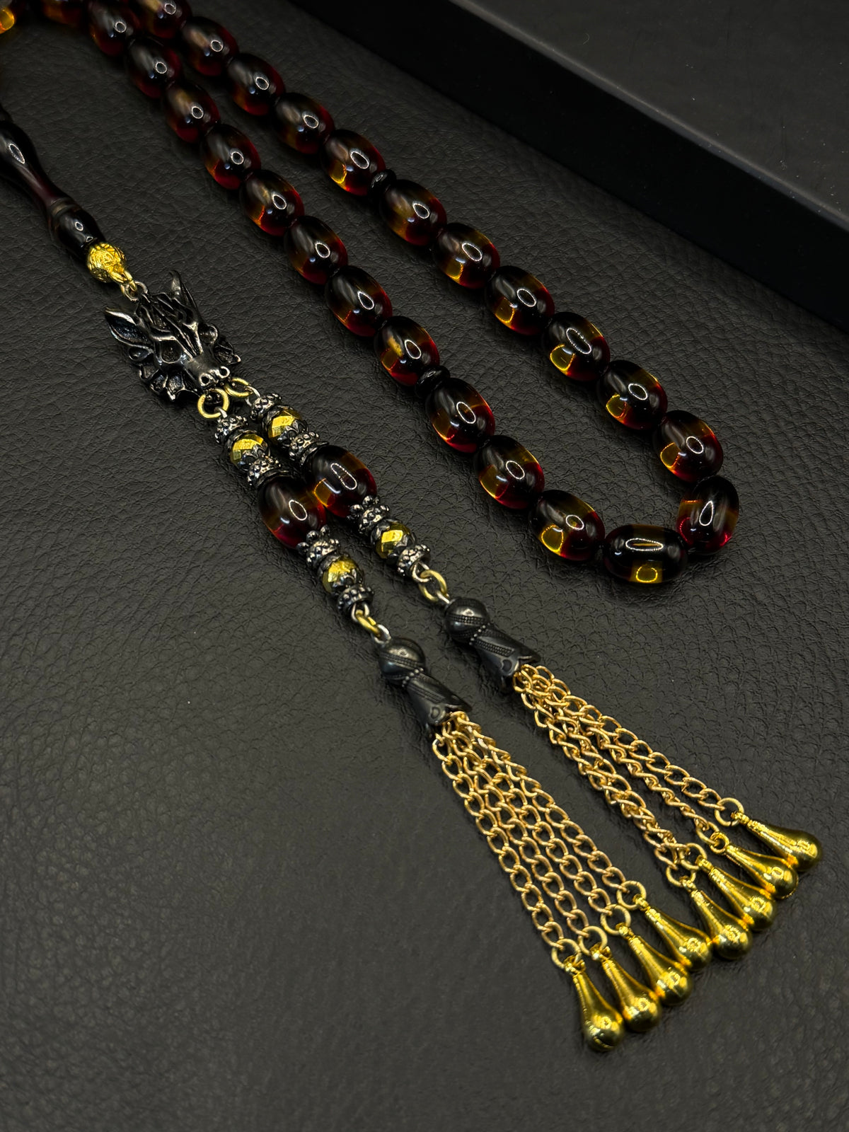 Yellow & Black Fire Amber Capsule Cut Tesbih – Custom Alloy Tassel