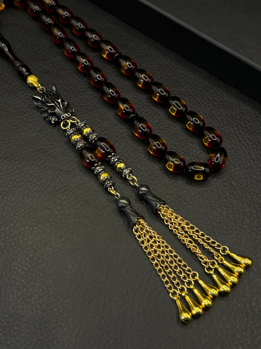 Yellow & Black Fire Amber Capsule Cut Tesbih – Custom Alloy Tassel