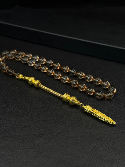 Clear Fire Amber Tesbih – Oval Cut – Gold-Coloured Alloy Tassel