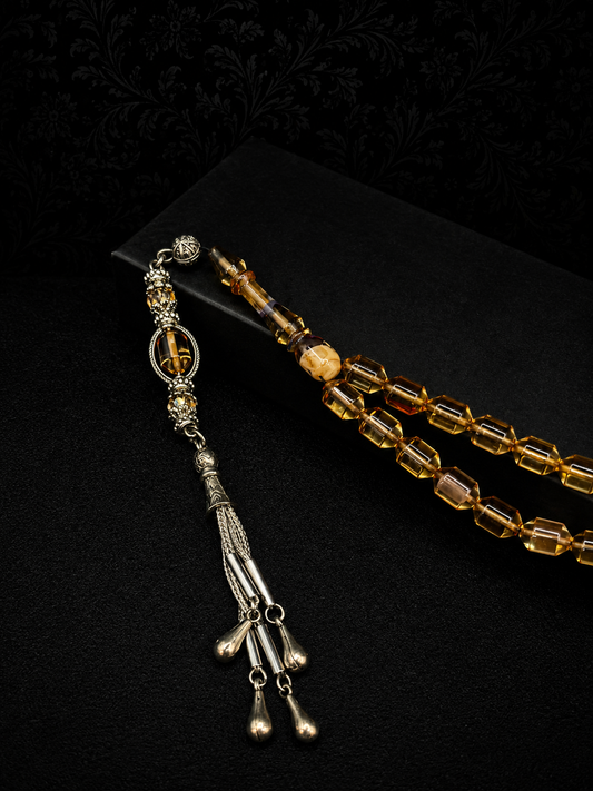 Clear & Blue Fire Amber Tesbih – Alloy Tassel – Edged Capsule Cut