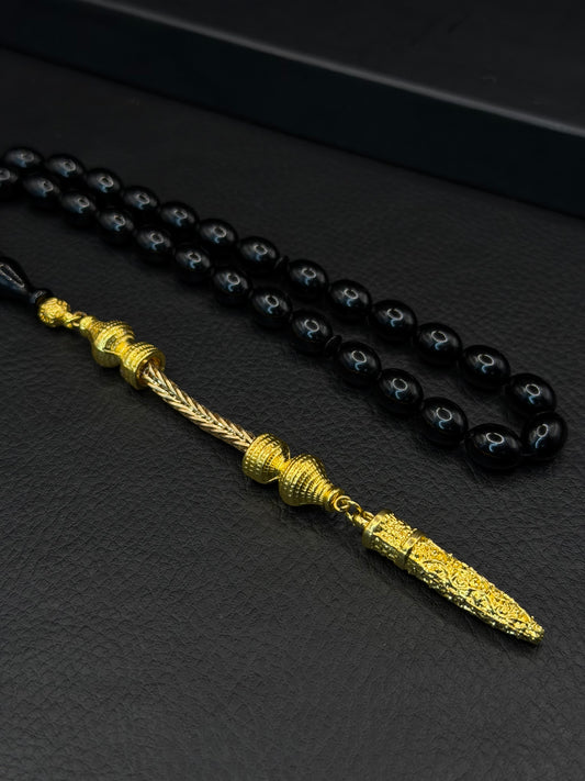 Black Fire Amber Tesbih – Oval Cut – Gold-Coloured Alloy Tassel