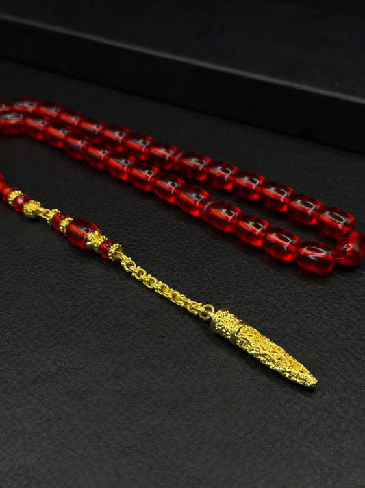 Red Fire Amber Tesbih – Oval Cut – Gold-Coloured Alloy Tassel