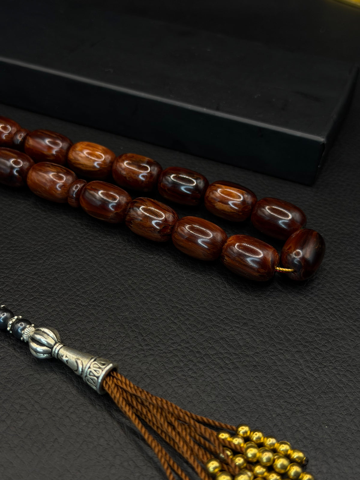 Brown Compressed Amber Tesbih – Capsule Cut – Alloy Tassel – Extra Large