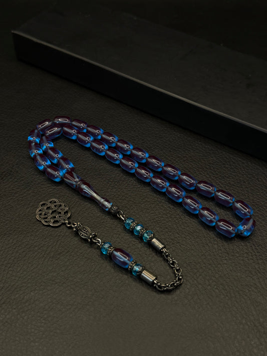 Blue Fire Amber Tesbih – Capsule Cut – Alloy Kazzaz Tassel