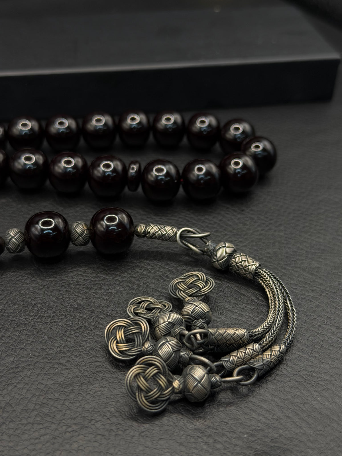 Big Size Black Compressed Amber Tesbih – 1K Silver Kazaz Tassel