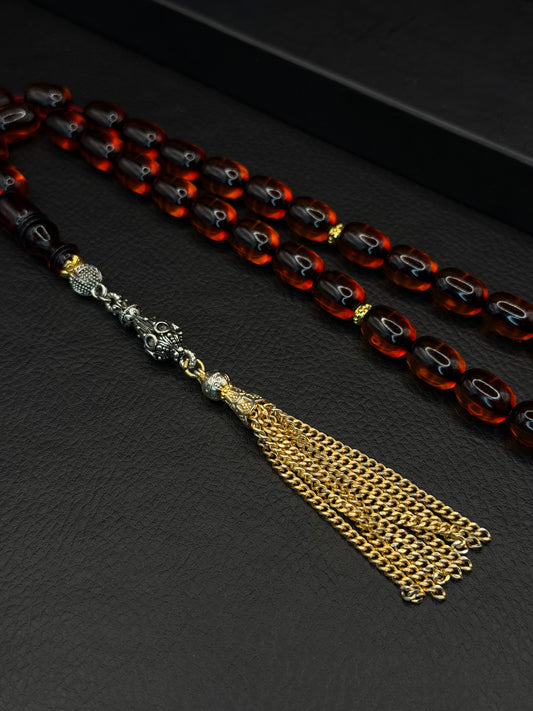 Ottoman Style Fire Amber Tesbih – Capsule Cut – Alloy Tassel – Medium Size